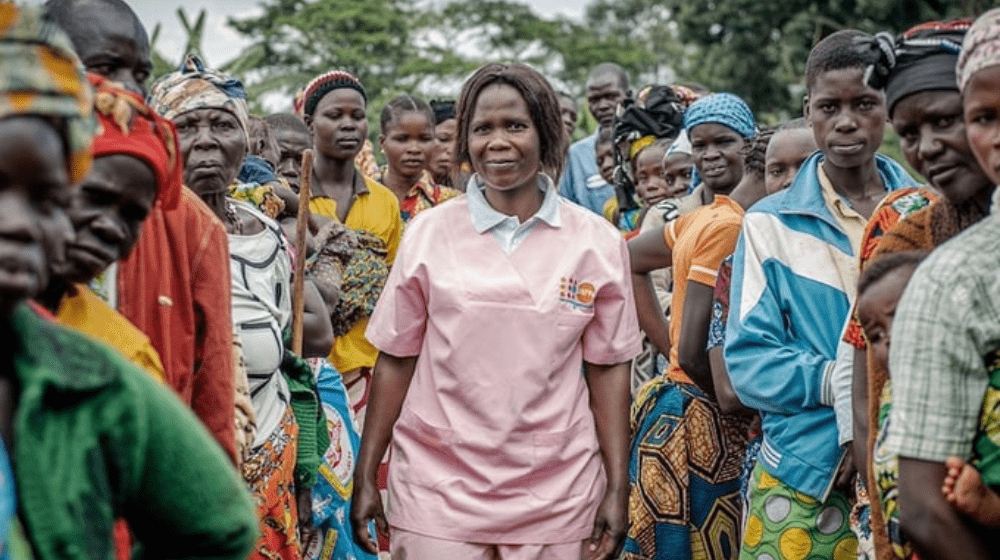 La partera humanitaria Esther Okunia, capacitada por el UNFPA, con mujeres desplazadas que asisten a consultas prenatales  