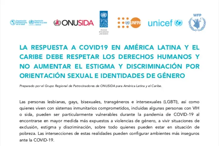 LA RESPUESTA A COVID19 EN AMÉRICA LATINA Y EL CARIBE DEBE RESPETAR LOS DERECHOS HUMANOS Y NO AUMENTAR EL ESTIGMA Y DISCRIMINACIÓN POR ORIENTACIÓN SEXUAL E IDENTIDADES DE GÉNERO