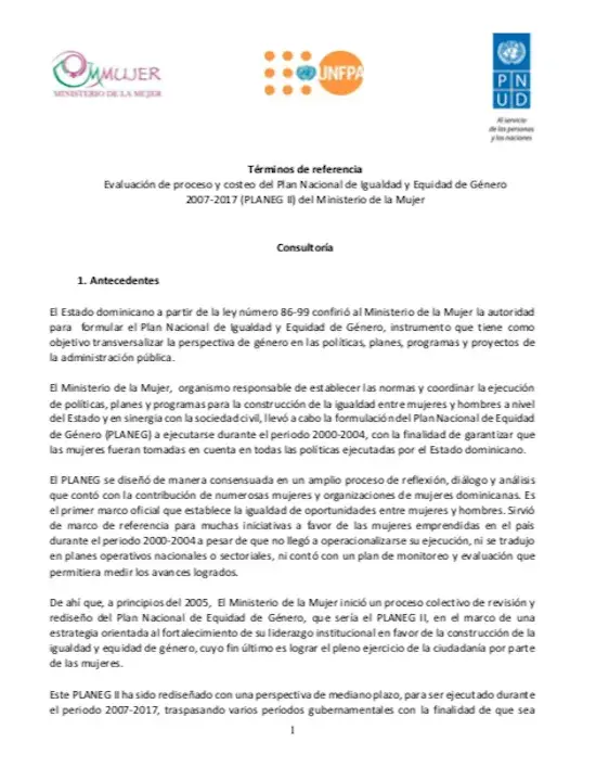 Evaluación de proceso y costeo del Plan Nacional de Igualdad y Equidad de Género 2007-2017 (PLANEG II) del Ministerio de la Mujer