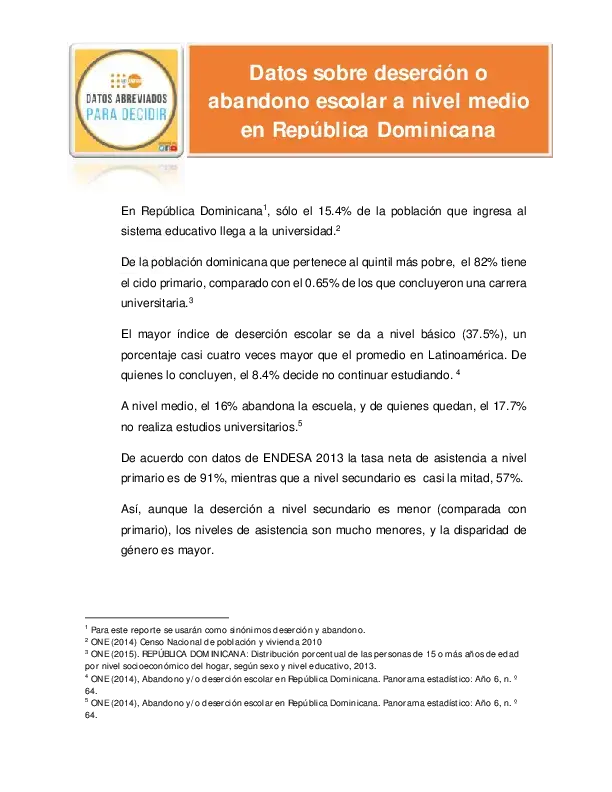 Datos sobre deserción o abandono escolar a nivel medio en República Dominicana